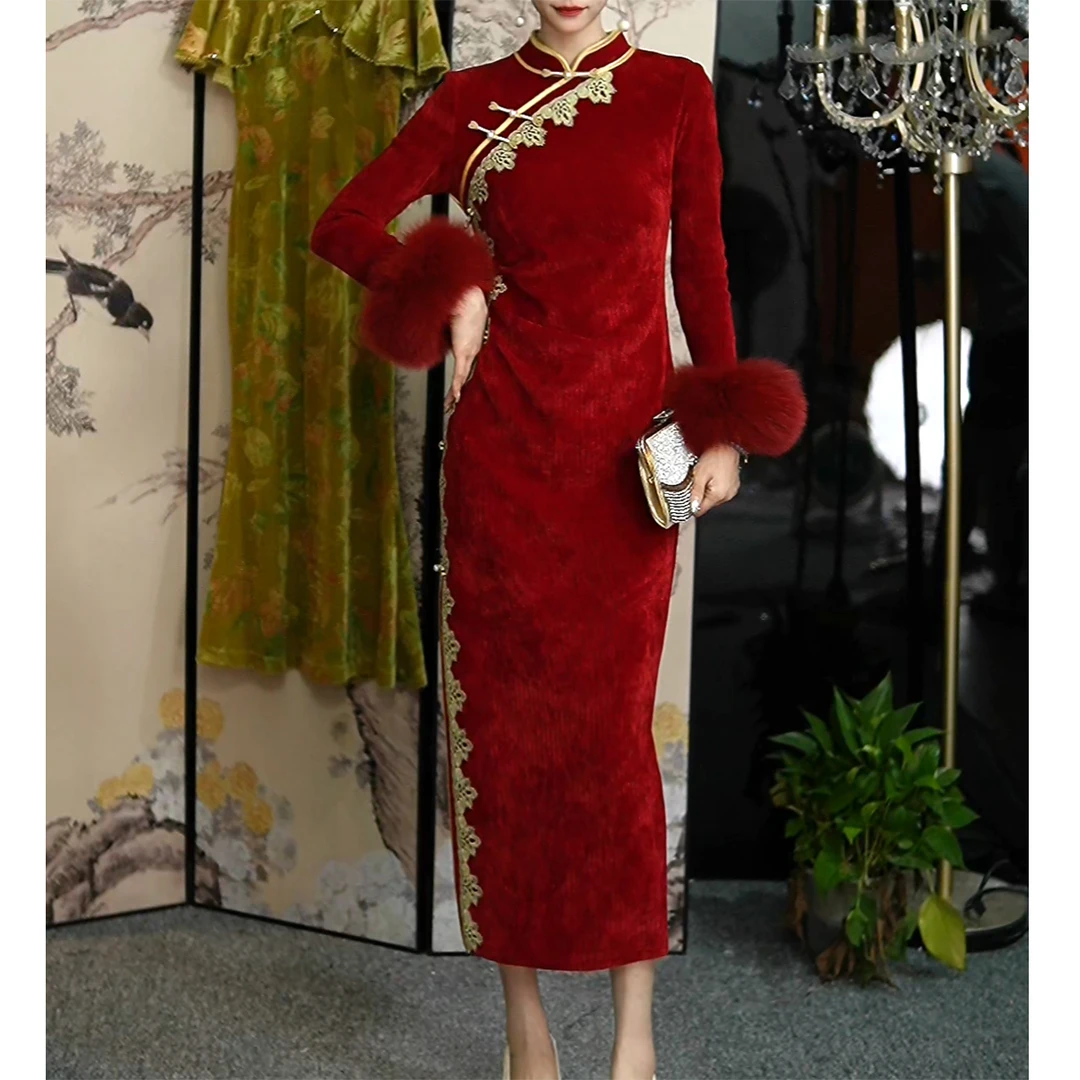 【红璃树莓】改良款修身显瘦中国风旗袍秋冬气质优雅日常长款连衣裙
