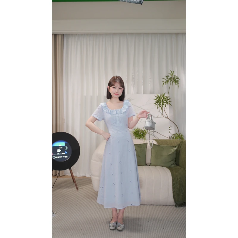 瞌睡兔定制【海盐芝士】方领修身温柔蓝色显瘦日常简约100棉连衣裙
