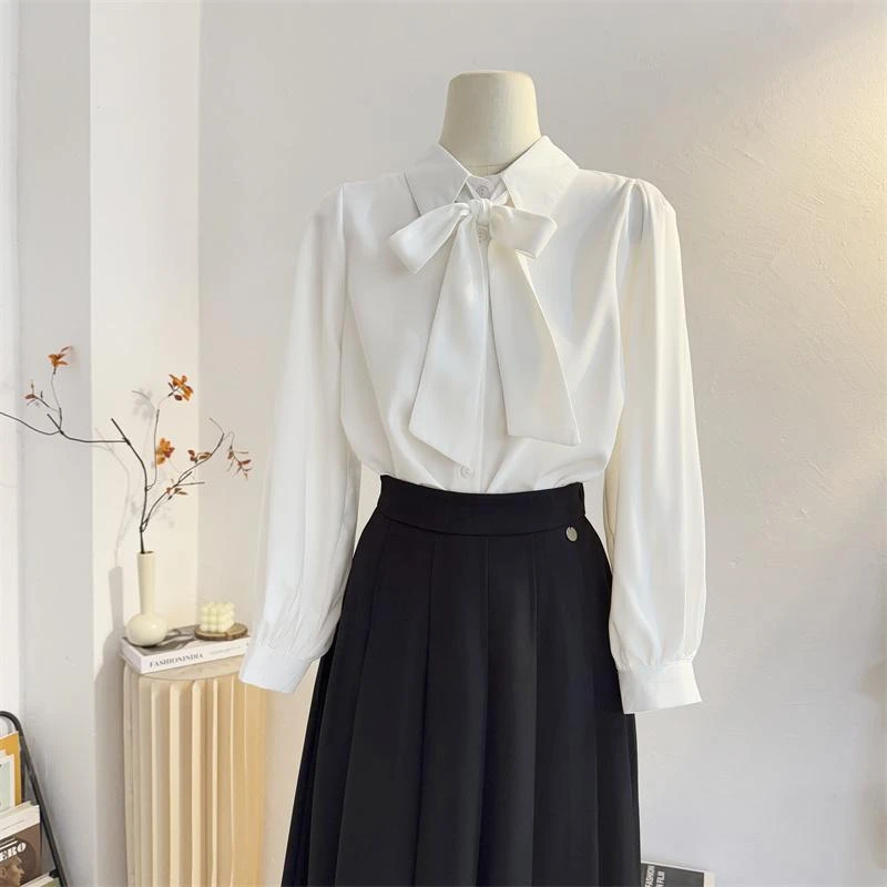 法式系带蝴蝶结长袖衬衫女春季通勤气质飘带衬衣垂感雪纺小衫上衣