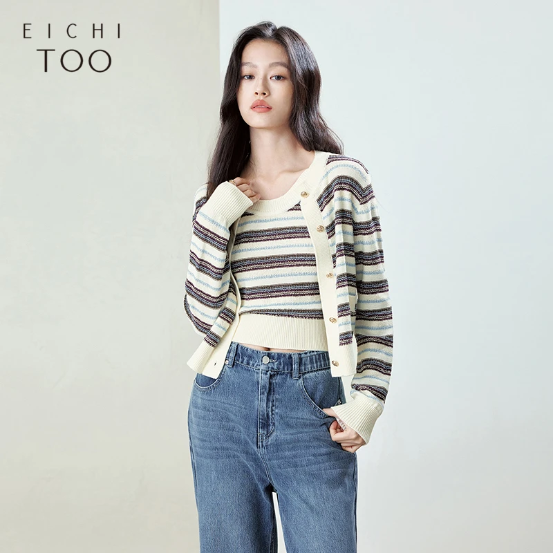 A爱居兔女2025年春季新款高级优雅条纹两件式针织衫EWZSJ1Q008A