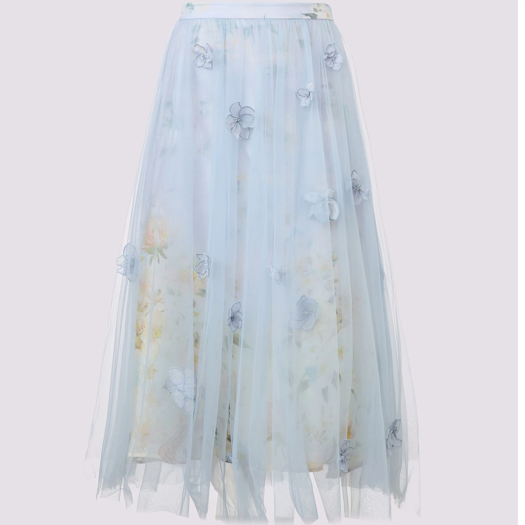 MAXRIENY2025年春夏新款仙气法式亚麻度假半裙仙女海盐蓝花朵纱裙