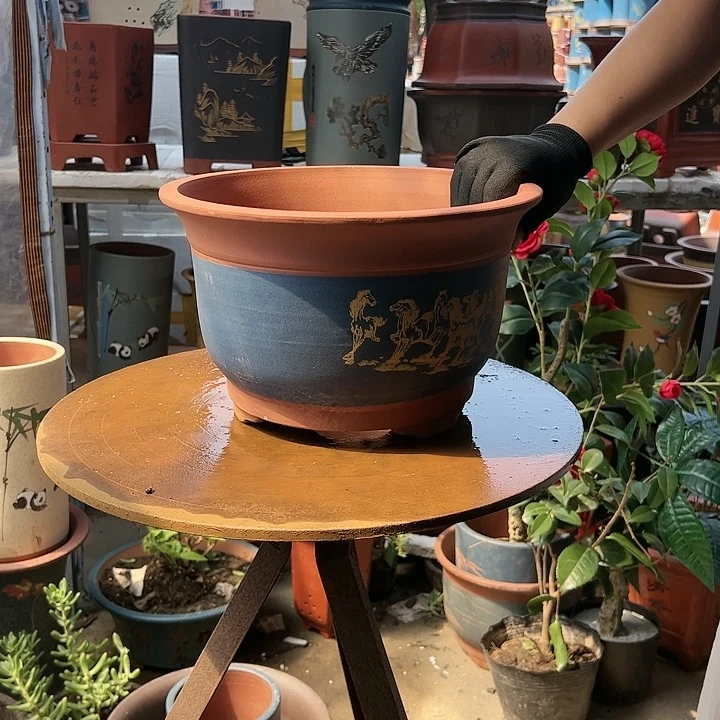 30蓝色八骏图花盆花盆花盆