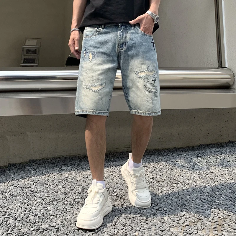 ins潮牌牛仔短裤男夏季水洗做旧涂鸦直筒复古破洞百搭五分裤薄款