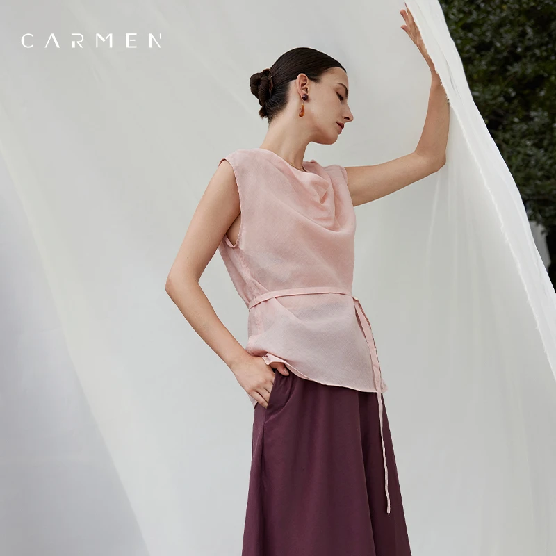 【粉丝专享】卡蔓高端大牌天然苎麻25夏季新款显瘦OL气质无袖上衣