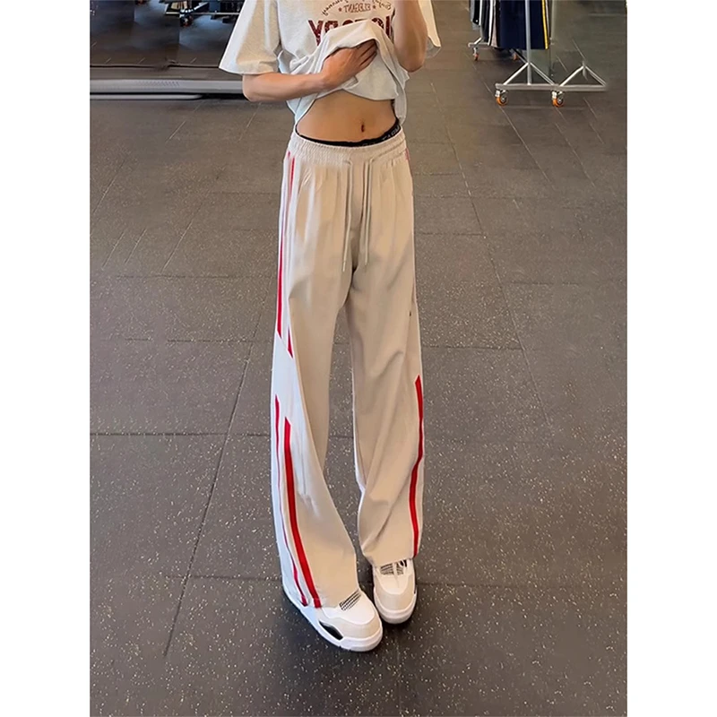 美式条纹冰丝速干卫裤男夏季垂感直筒裤子宽松bf慵懒风休闲运动裤