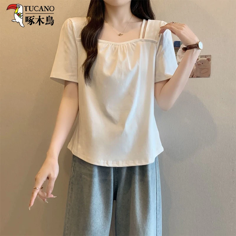 啄木鸟夏季大码女装方领褶皱短袖胖mm宽松遮肚T恤显瘦百搭上衣