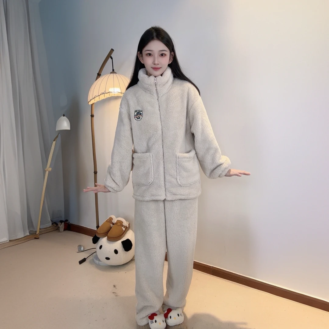 北极绒睡衣女冬季加厚保暖套装2024年新款可外穿家居服