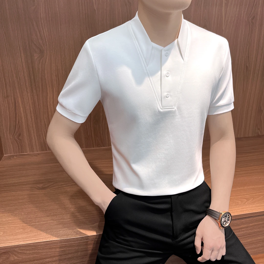 小V领polo衫男款爆款2025新款夏季男装痞帅高级感男士休闲短袖t恤