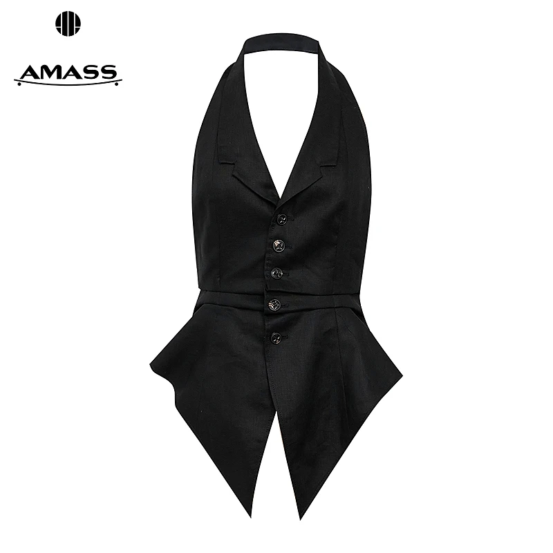 阿玛施AMASS新款时尚简约气质通勤露背挂脖麻料收腰马甲女540017