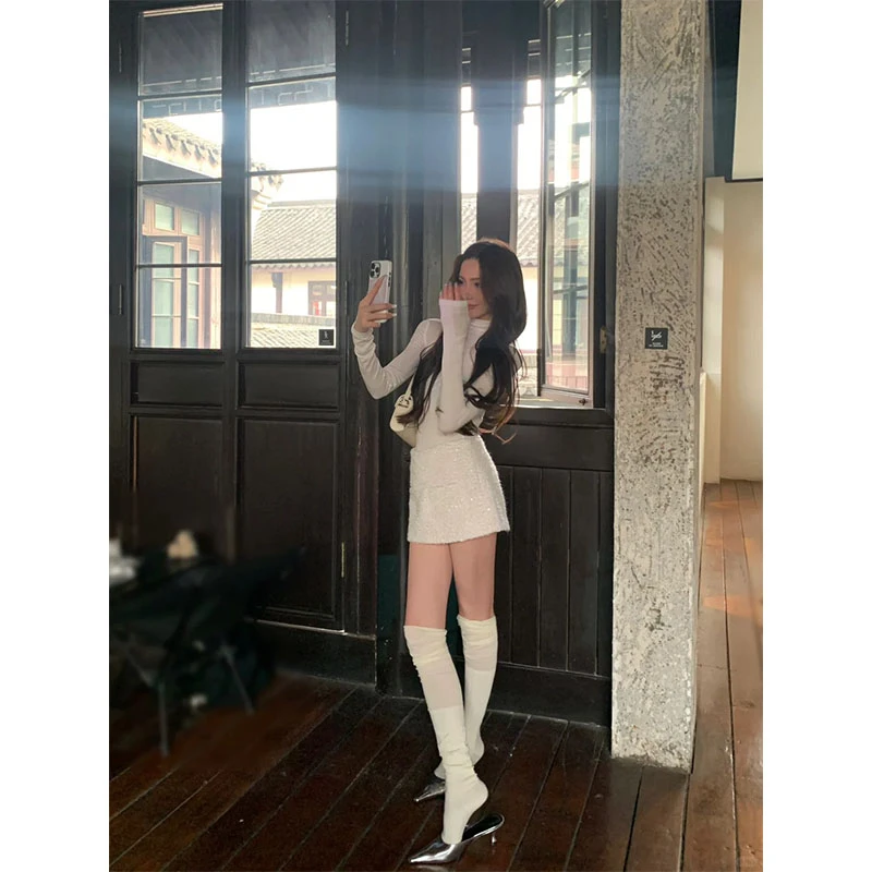 2025春季新款珍珠链高领打底衫设计感针织衫白色亮片圈显瘦半身裙