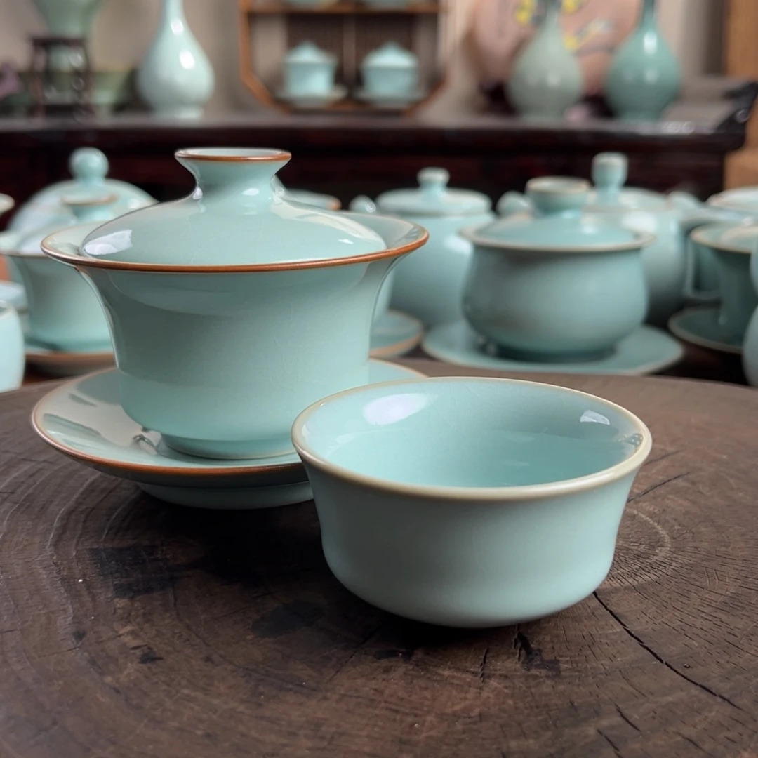 天青色竹节三才盖碗