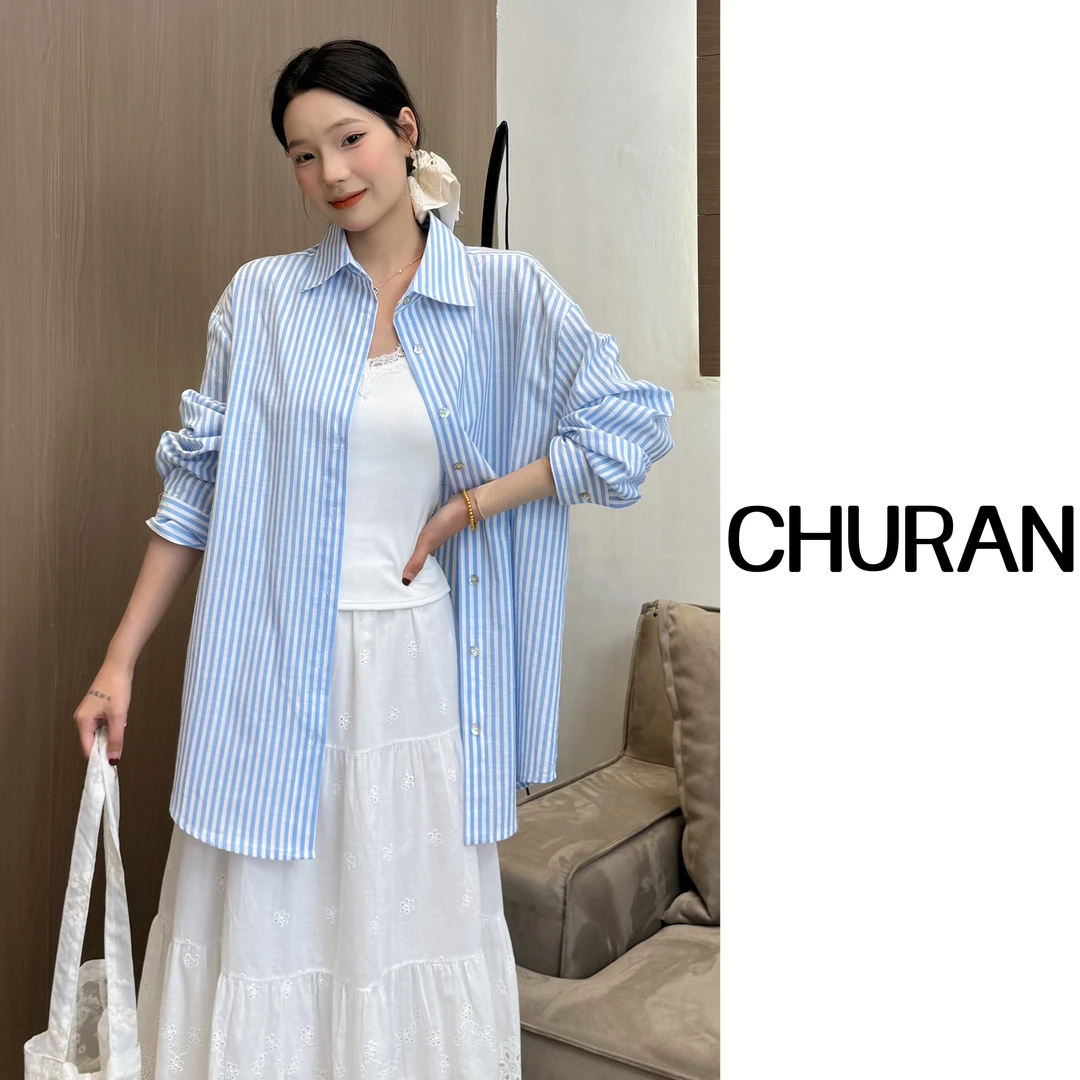 U.V.Y新款条纹长袖衬衫polo领宽松百搭气质休闲时尚外穿衬衣女