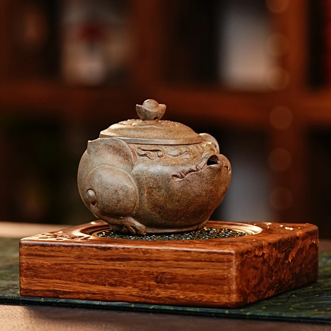宜兴正宗紫砂蟹壳青招财进宝三足金蟾手抓壶紫砂茶杯茶具网红茶器