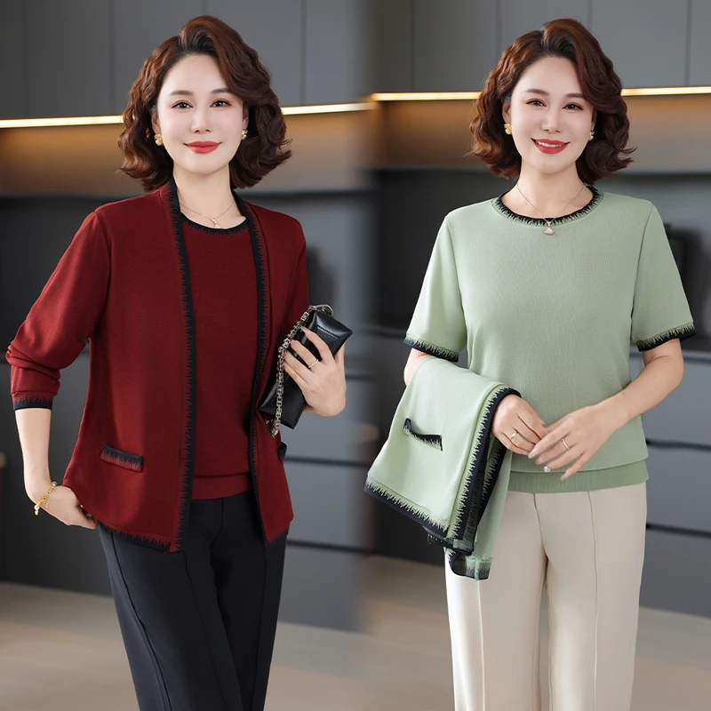 中年妈妈秋装t恤小衫两件套新款洋气中老年女春秋针织上衣服套装