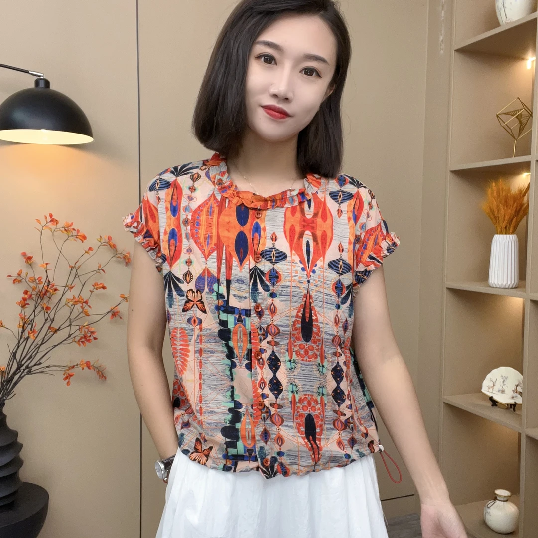 时尚女新款潮流花色印花小衫女轻薄减龄显瘦舒适上衣-306