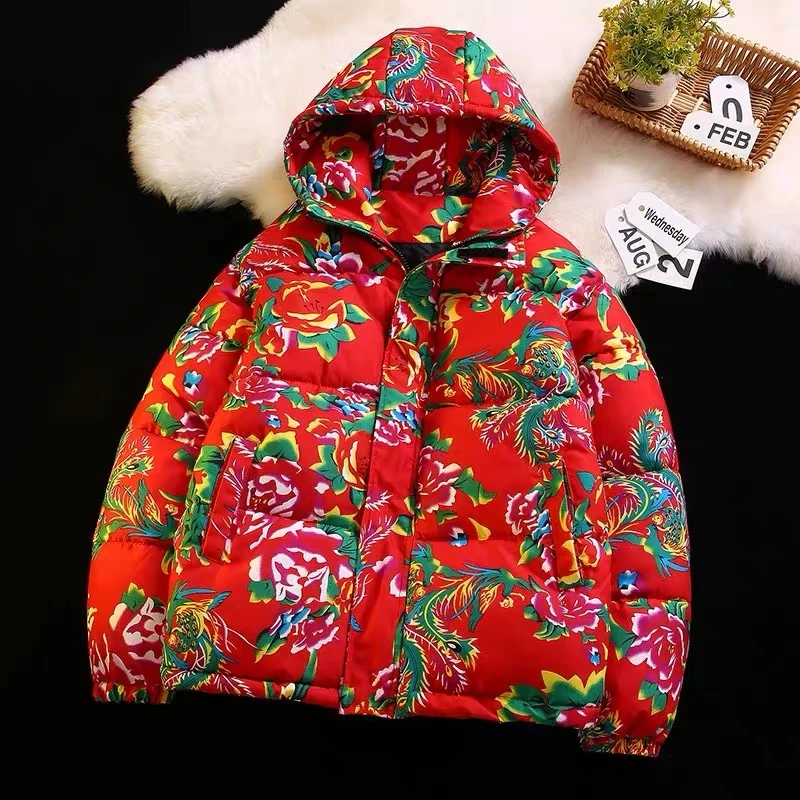东北大花袄男女同款冬季新款加厚保暖外套连帽款网红情侣棉衣2512