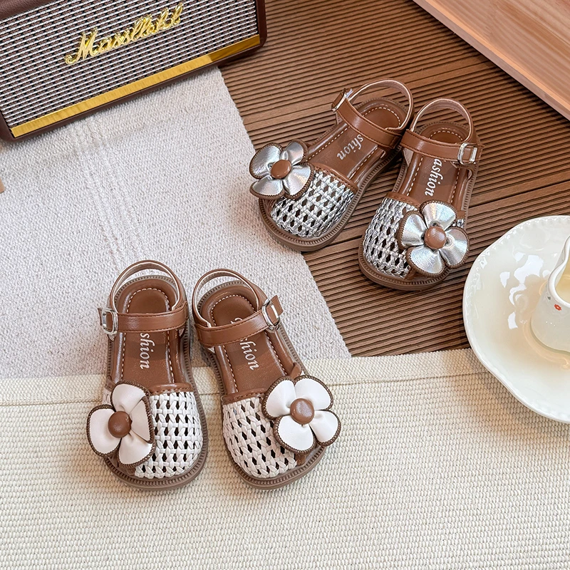 花朵女童凉鞋韩版复古宝宝鞋软底女宝鞋中小童幼儿编织罗马沙滩鞋