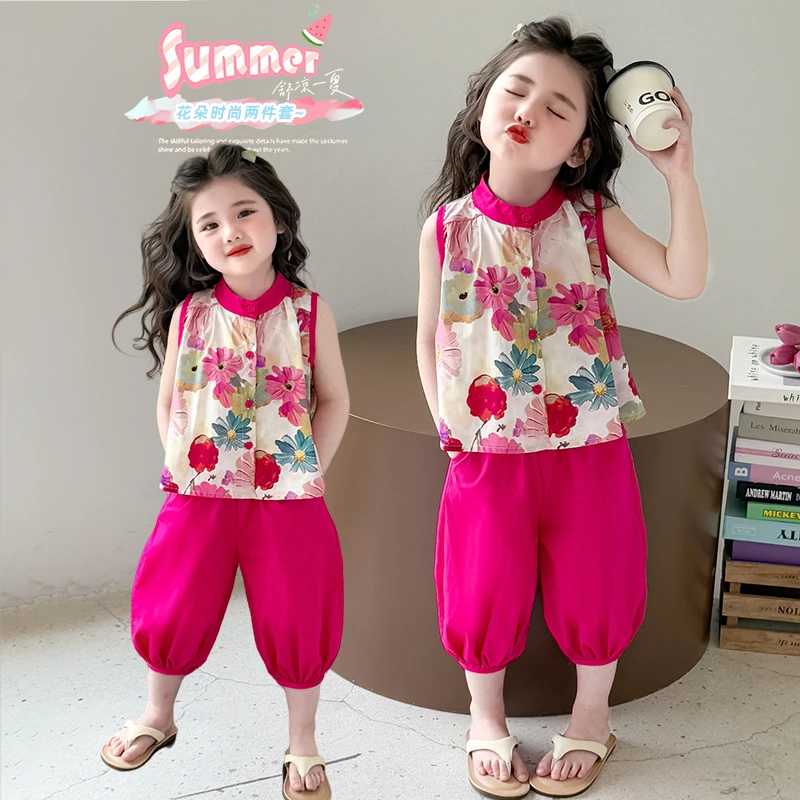 女童夏季无袖背心套装2025新款宝宝洋气束脚裤夏装两件套韩系童装