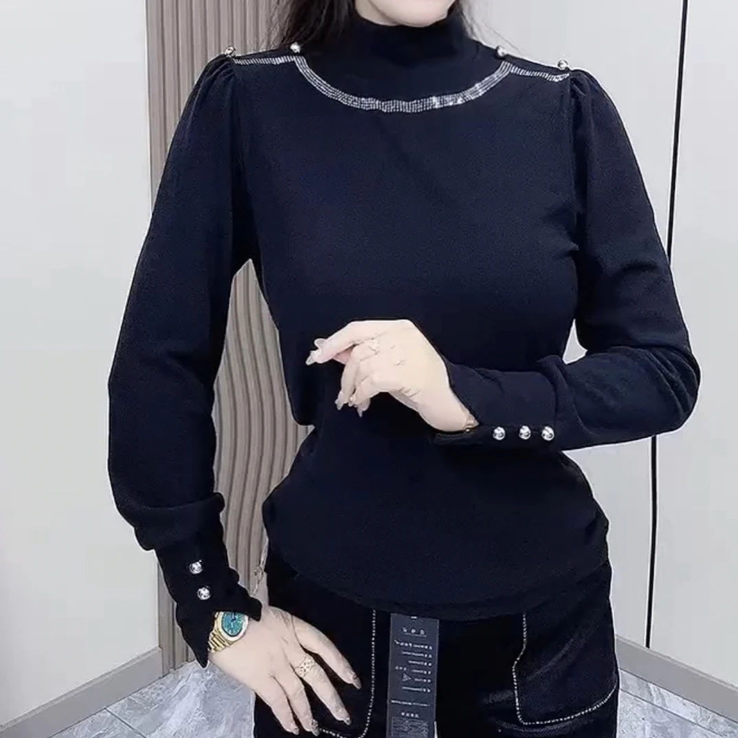 新款半高领冬季T桖轻职风显瘦女烫钻长袖百搭