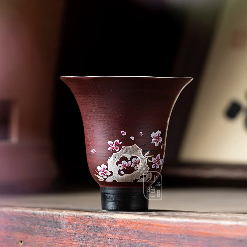 山楂红复古简约梅花花口杯陶瓷主人杯中式简约复古功夫茶具喝茶杯