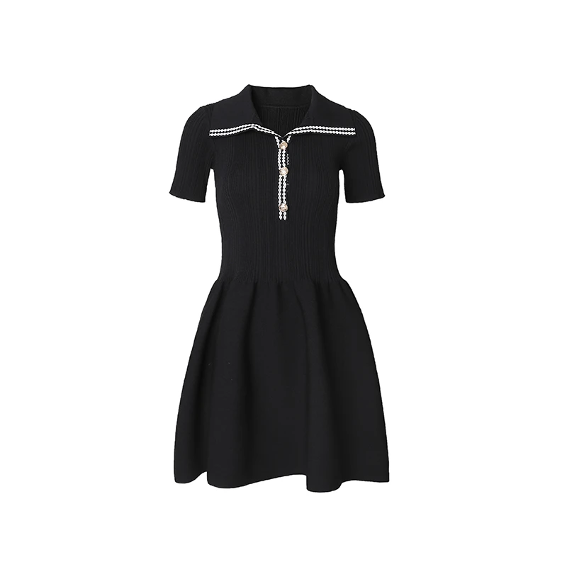 精致优雅邂逅丁香紫简约翻领短袖针织修身连衣裙22391