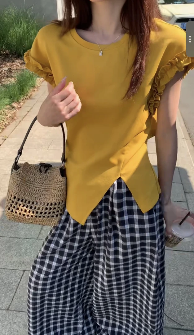 设计款木耳边后背系绳短袖T恤女2025夏不规则显瘦小众上衣