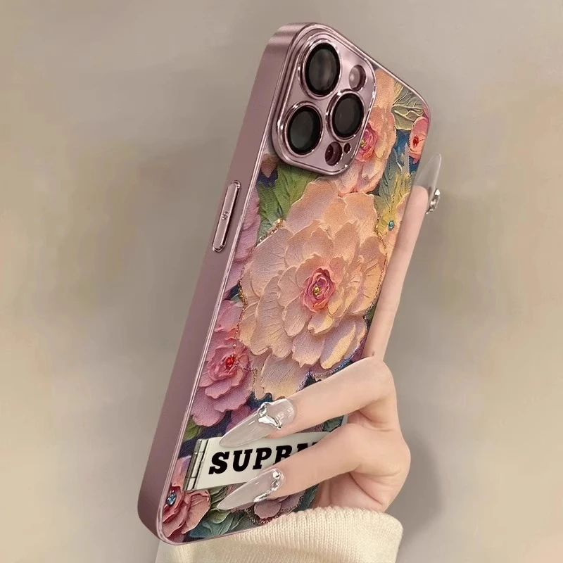 油画牡丹花适用16promax全包plus小羊皮手机壳iphone防摔手机壳15