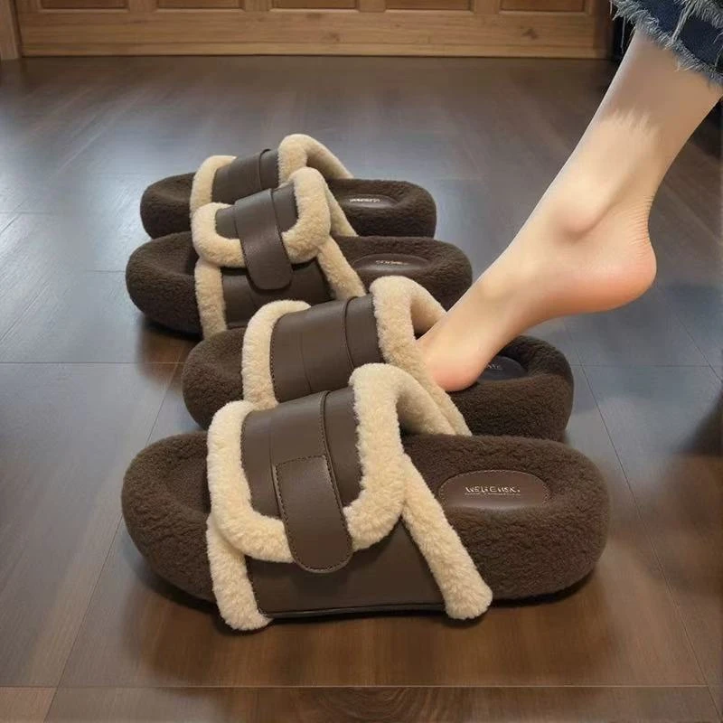 羊皮厚底毛毛拖鞋女秋冬外穿2025新款真皮复古法式皮带扣棉拖鞋