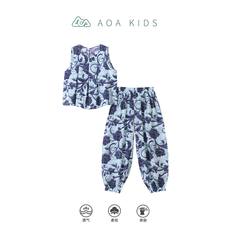 2025年夏季儿童女孩青花瓷风格套装两件套休闲舒适