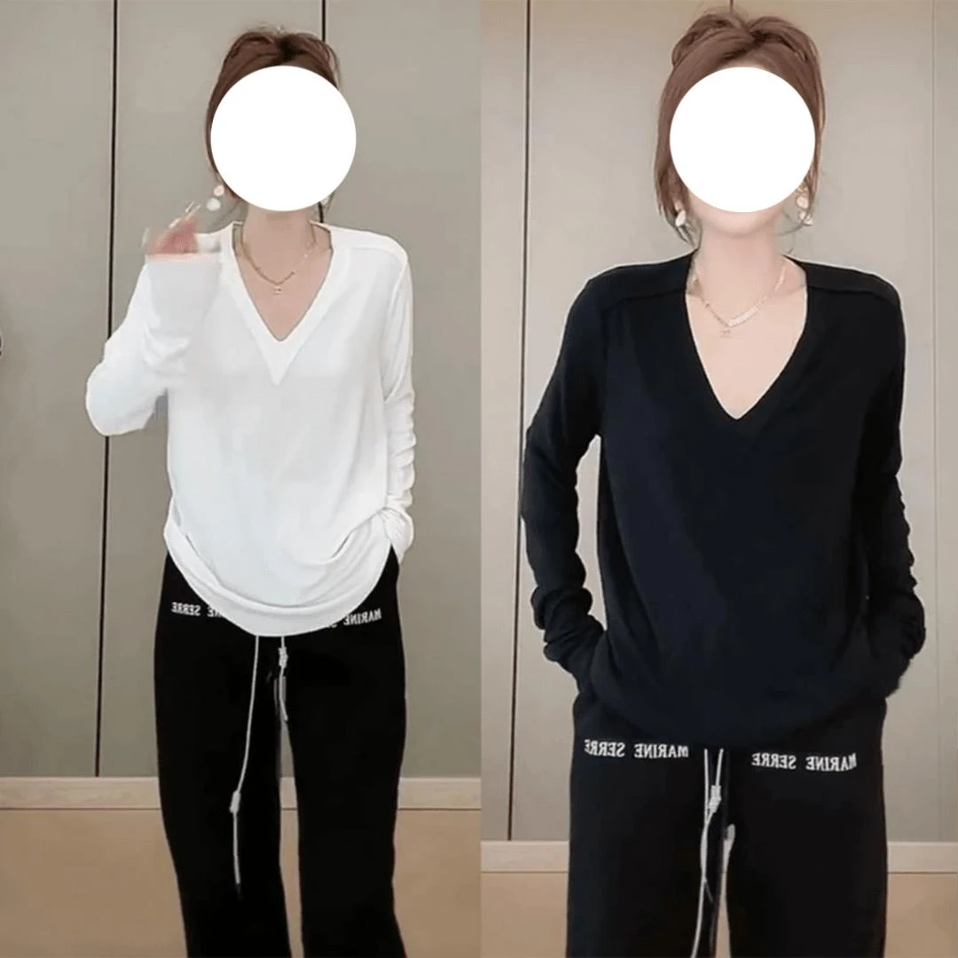 大码纯色休闲宽松V领长袖T恤2025早秋新款胖MM时尚薄款打底衫上衣