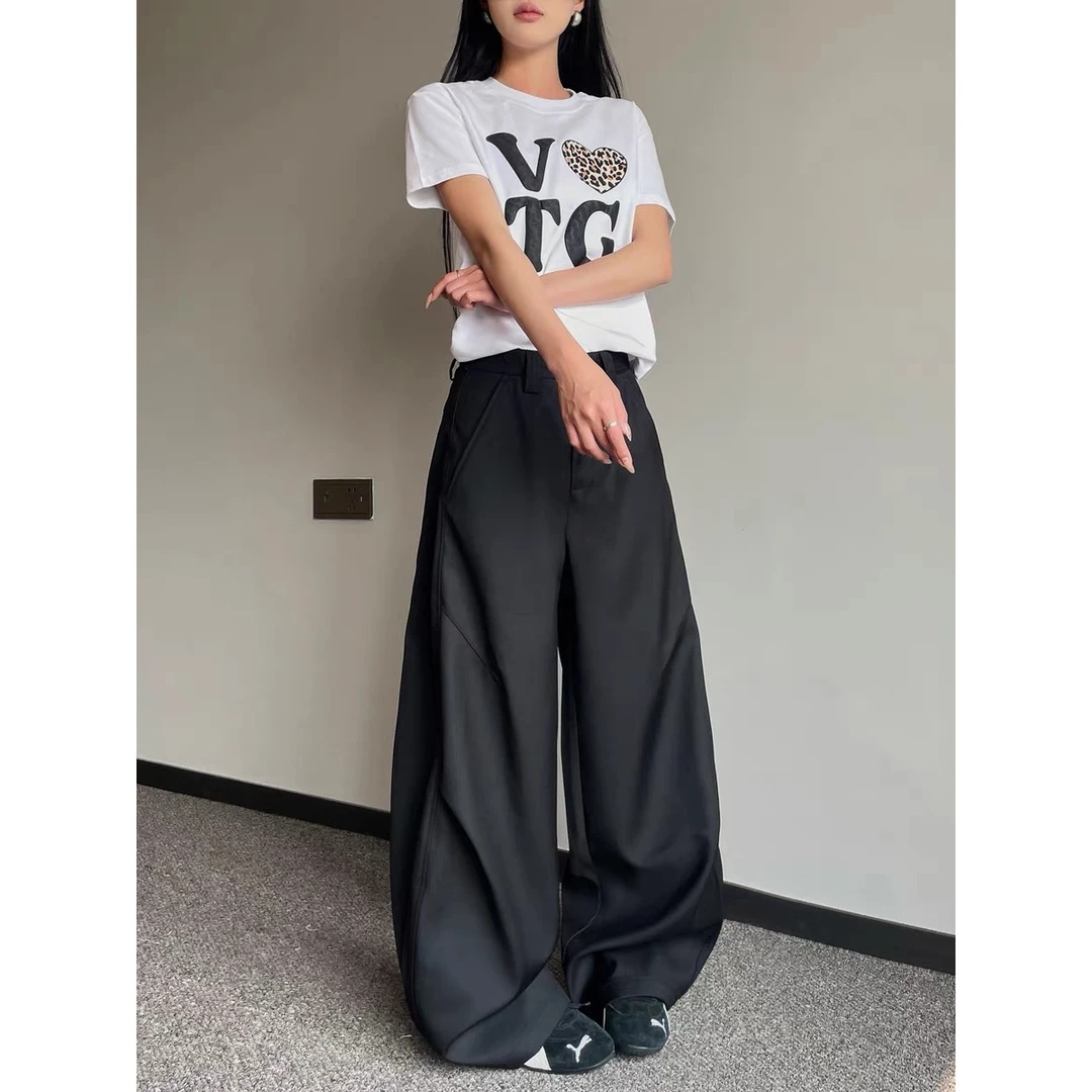 美式复古高级感褶皱弯刀西裤男女设计感宽松百搭显瘦阔腿休闲裤子