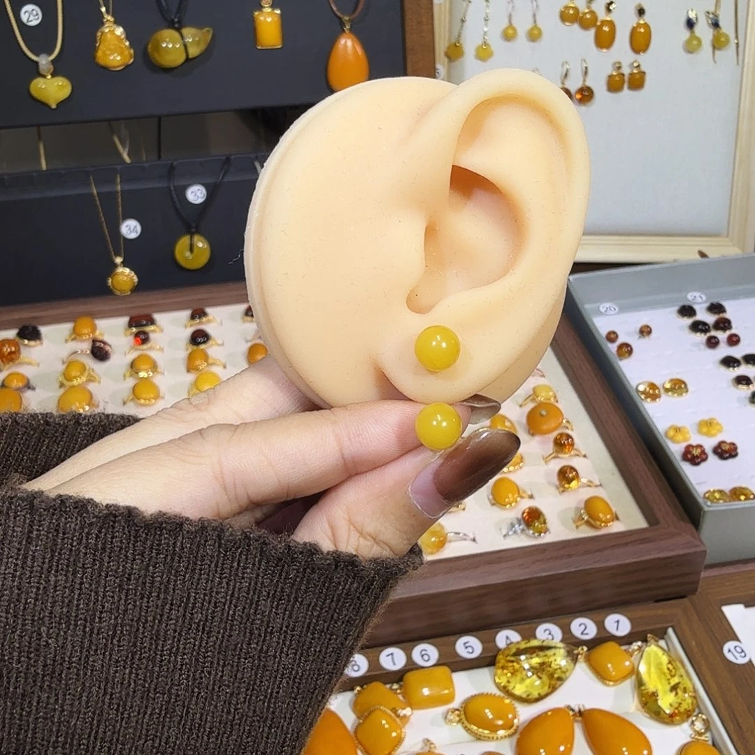 蜜蜡银S925镶嵌耳饰蜜蜡耳钉