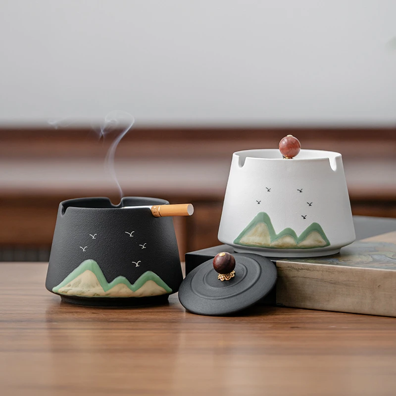 中古大雁烟灰缸带盖办公家用客厅简约时尚中式陶瓷烟缸防飞灰茶桌