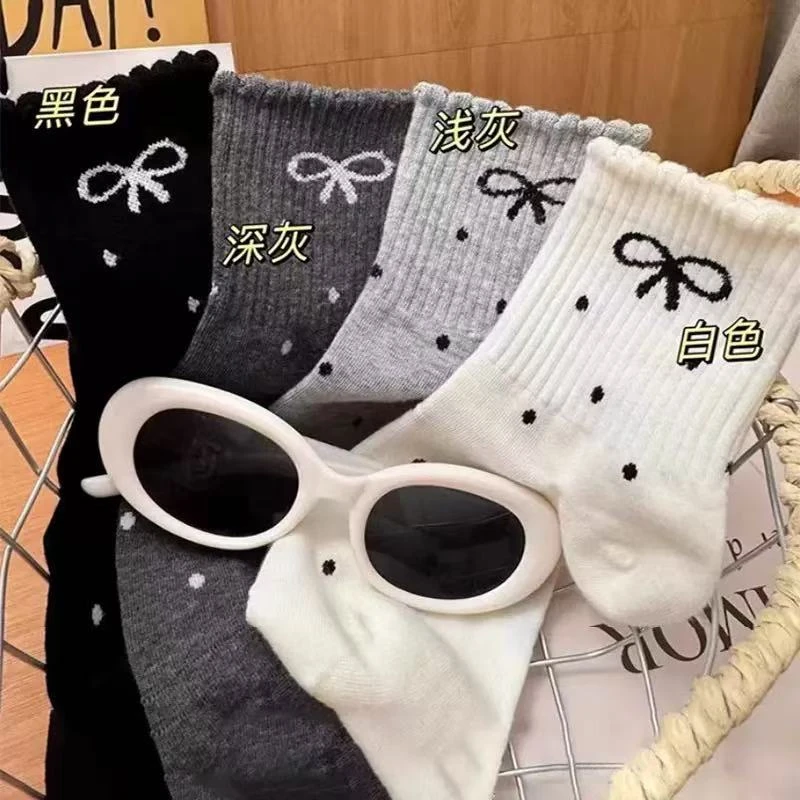 【4双福利】波点蝴蝶结秋冬新款miu系堆堆袜长筒袜日系花边中筒袜