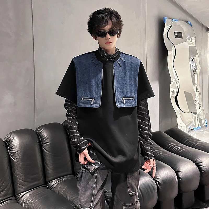 美式假两件拼接牛仔短袖男夏季痞帅高级感垫肩五分袖重磅半袖t恤