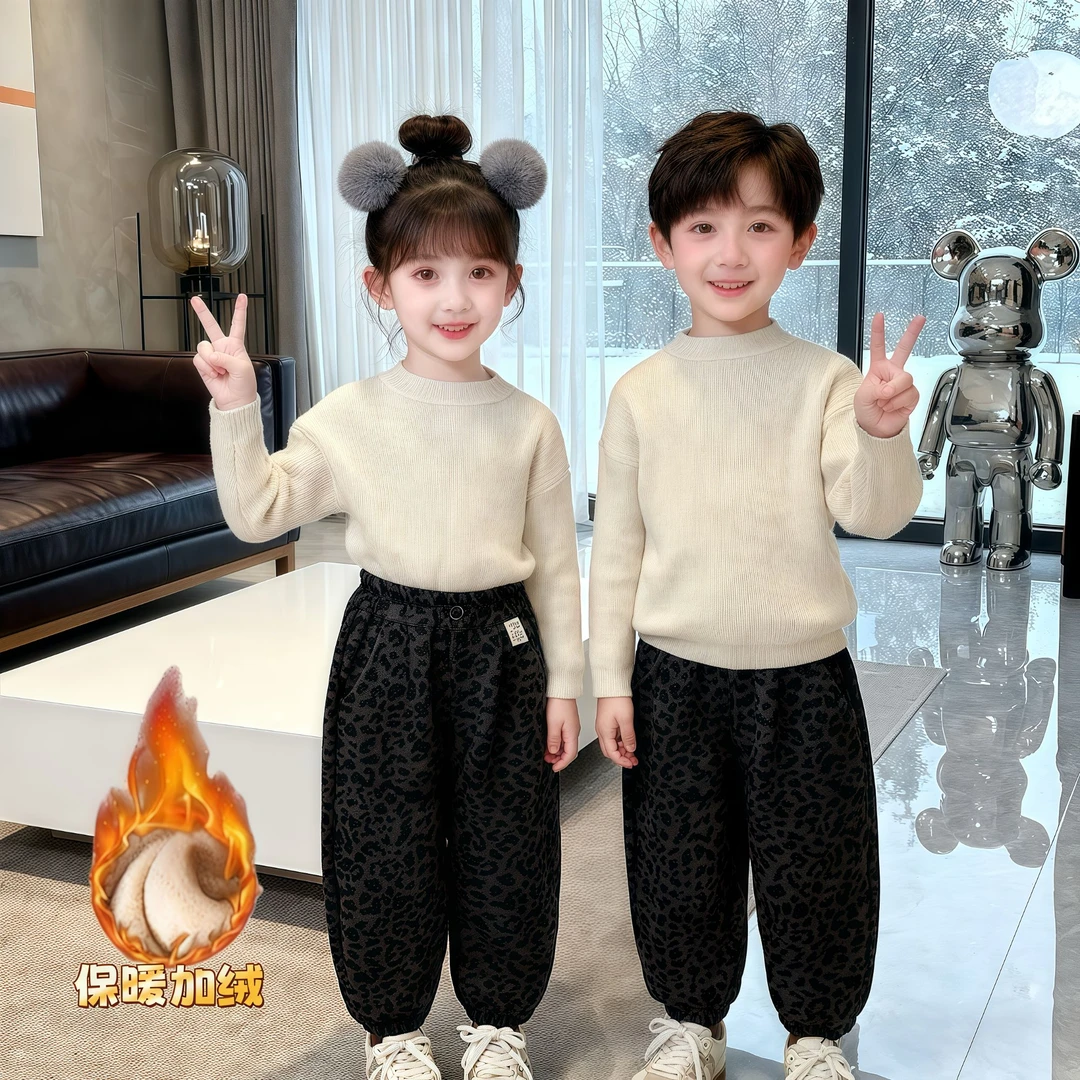 冬季新款男女童加绒加厚豹纹束脚休闲灯笼裤松腰高级感韩版长裤