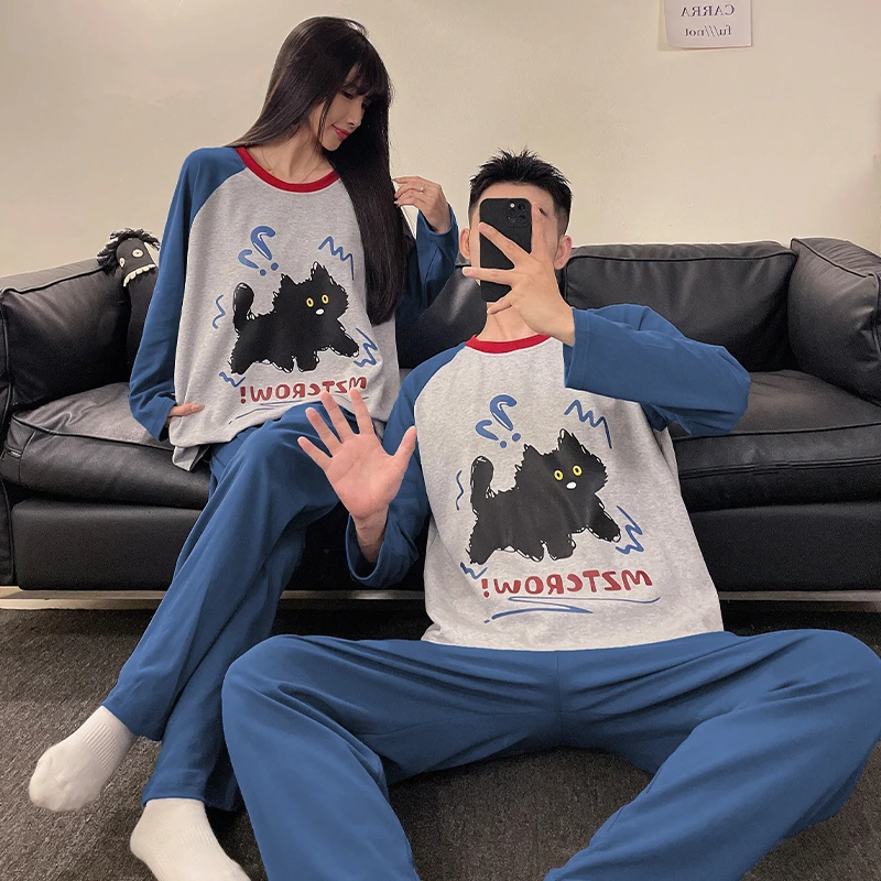 可外穿情侣睡衣长袖长裤春秋季2025年新款宽松一男一女家居服套装