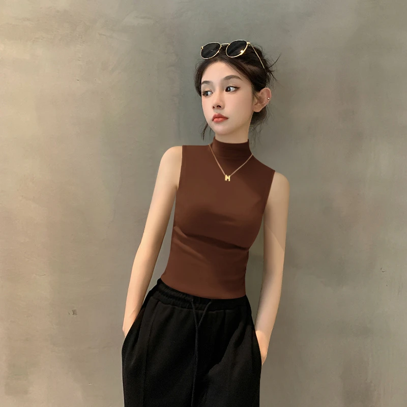 薄款咖色半高领无袖背心女2025新款夏季内搭外穿高级感莫代尔上衣