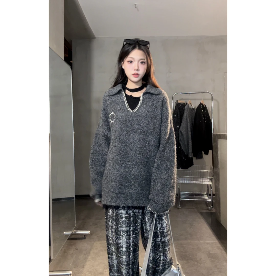 秋冬外套U型领套头毛衣外套女