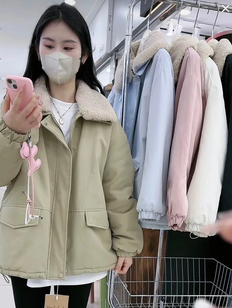 莎姐严选韩版糖果色翻领加绒棉衣外套716
