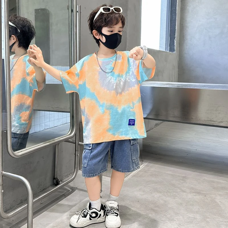 男童夏装帅气短袖纯棉T恤扎染洋气新款儿童半袖上衣男孩夏季宽松
