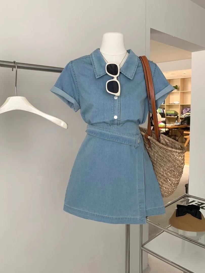 2025复古夏季薄百搭牛仔衬衫不规则裙裤短袖气质上衣两件套款套装