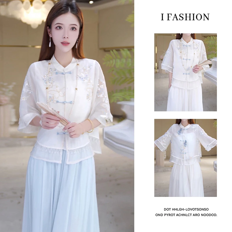 时尚新中式国风套装女2025夏季新款减龄气质盘扣上衣阔腿裤两件套