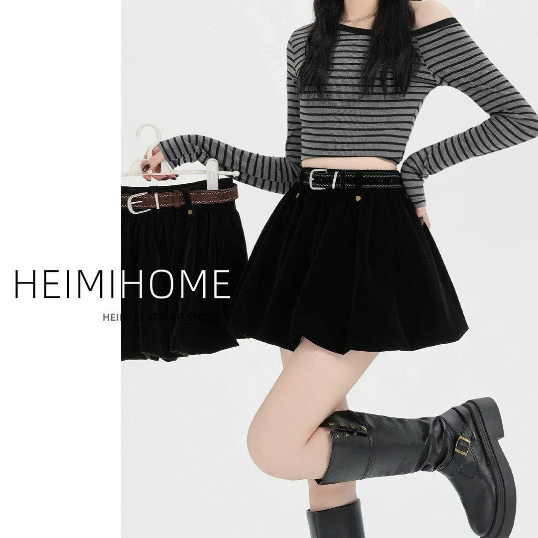 洋气咖色金丝绒半身裙女秋冬季高腰加厚蓬蓬裙小个子a字花苞短裙