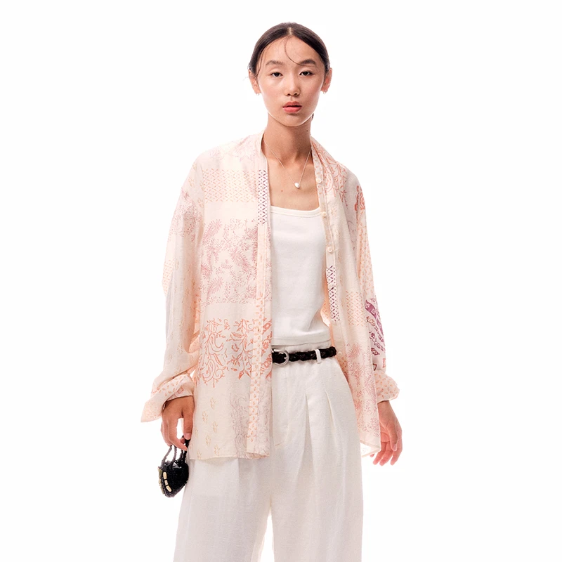 【shao xii】noundnound粉卡其印花无领垂坠长袖衬衫女25春夏新款