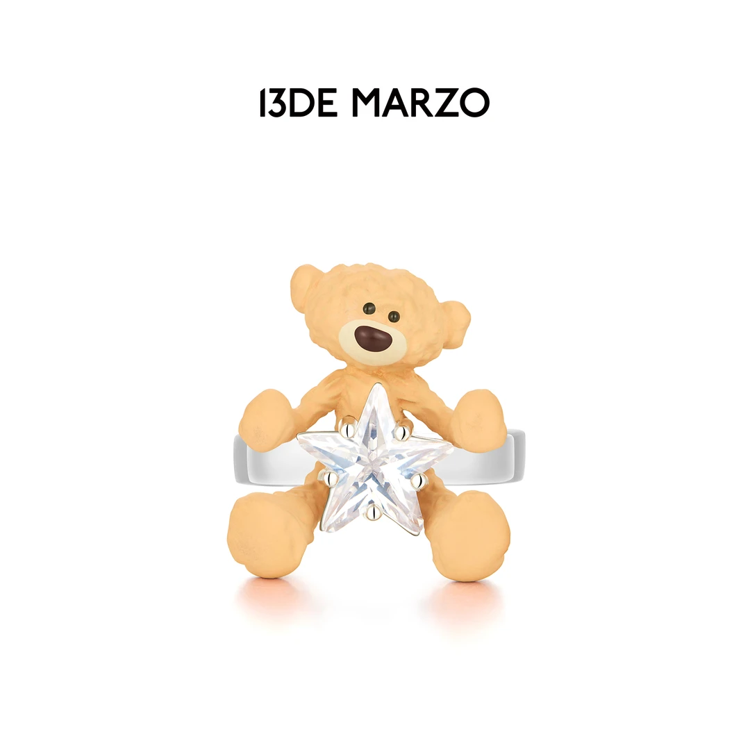 铁合金珐琅戒指 13DE MARZO男女同款 银色抱星星小熊可爱情侣戒指