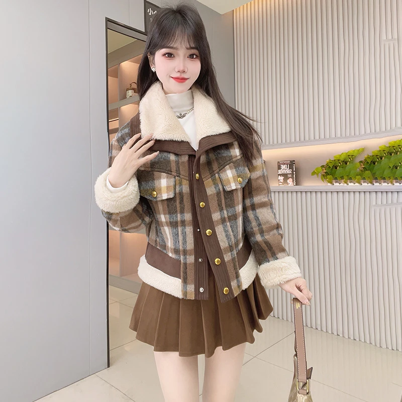 羊羔毛拼接格子毛呢加厚外套女冬2025新款宽松百搭小个子棉服上衣