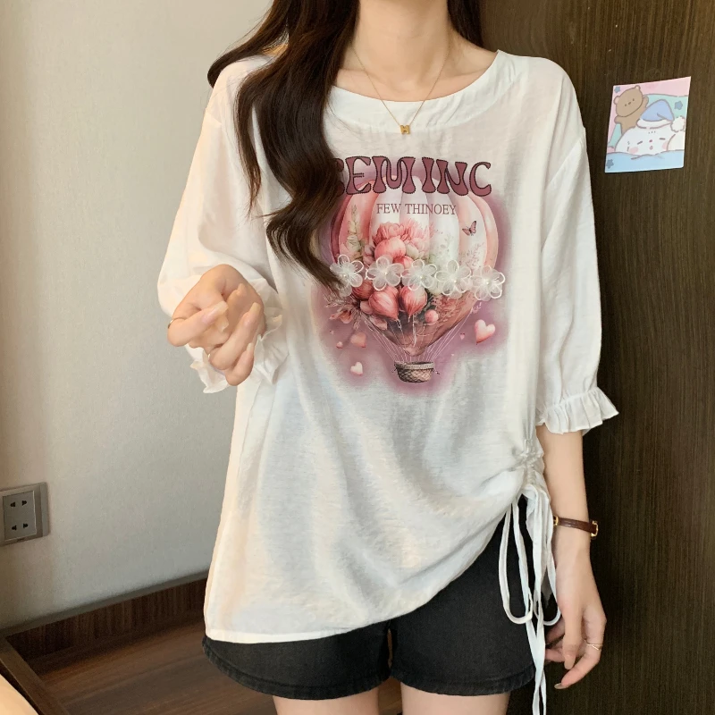 哺乳外出衣2025大码辣妈款夏季韩版宽松显瘦雪纺衫抽绳女喂奶T恤