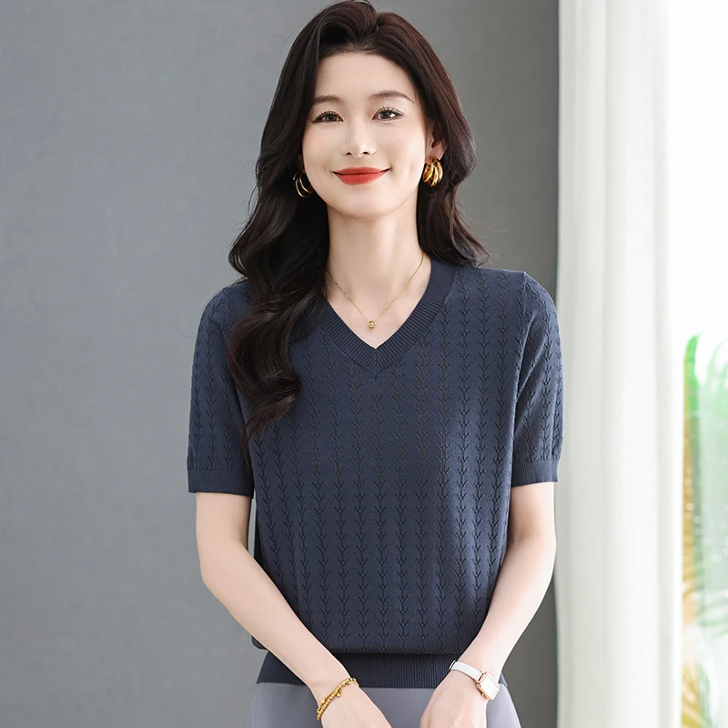 高级感镂空V领短袖上衣女士短款宽松薄款夏季气质百搭半袖T恤上衣