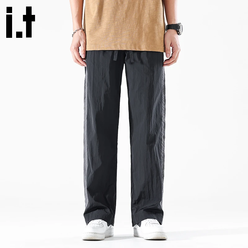 it:FIVE CM夏薄款冰丝男士休闲裤侧边条纹休闲裤男士军绿色休闲裤